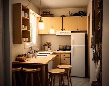 Beautifully crafted joinery works for a kitchen with kitchen cabinets, in-build table and chairs suitable for a cosy space.