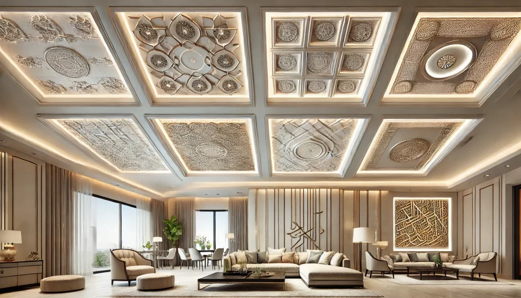 a luxurious modern interior showcasing five distinct gypsum ceiling designs suitable for homes ceiling in Dubai